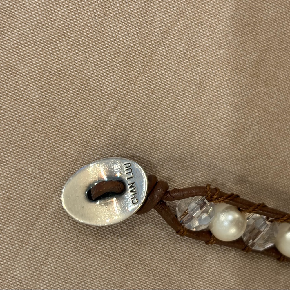 Chan Luu Brown Leather Wrap Bracelet with Clear Crystals & Pearls